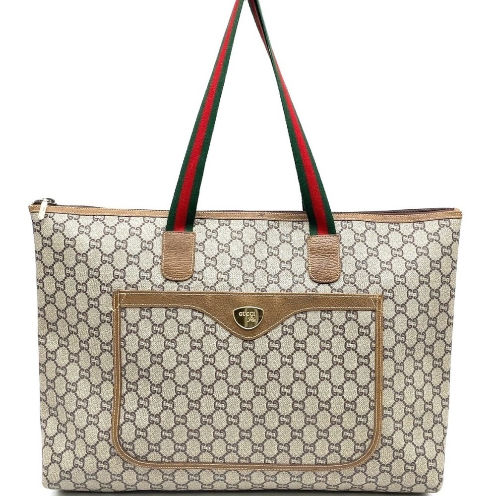 Auth Gucci GG Plus Beige Sherry Line PVC x Leather Brown Tote Bag